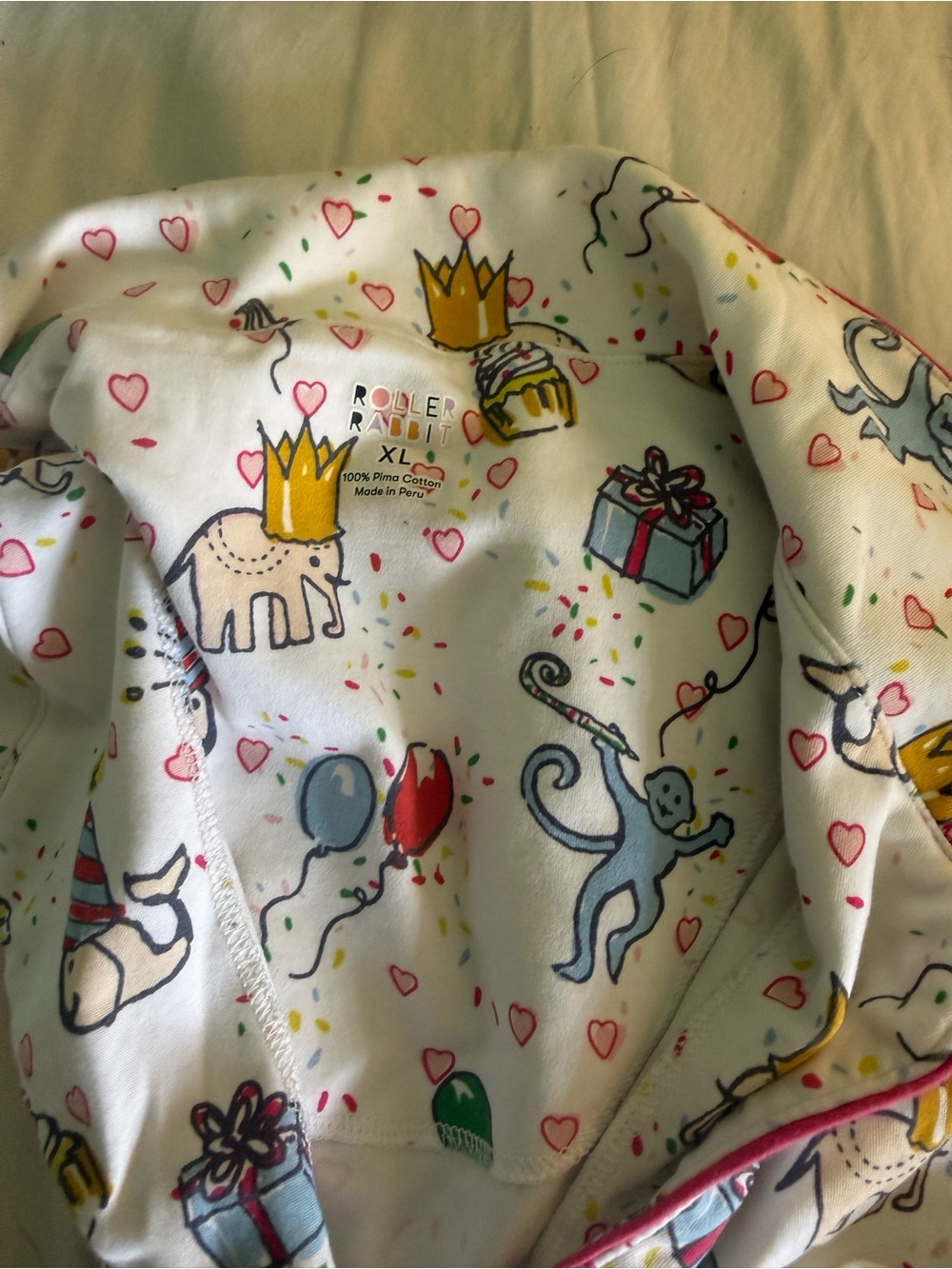Roller Rabbit Birthday Party Animal Pajama Set with Pink Trim Polo Top & Shorts - Picture 2 of 4